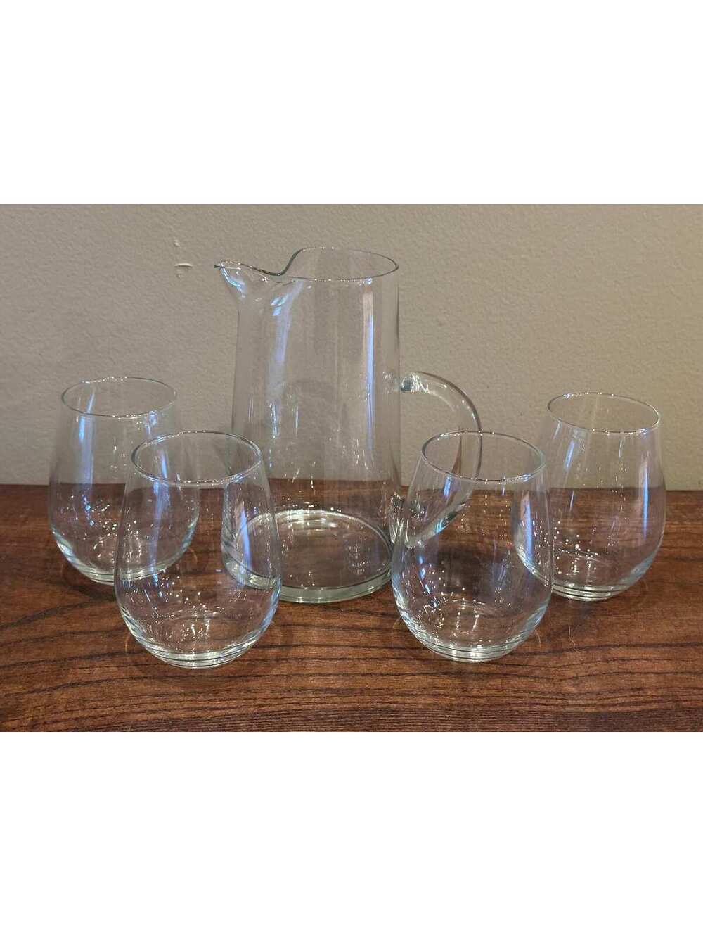 Vintage Libbey Glass Pitcher and Set of 4 Stemless Wine Glasses